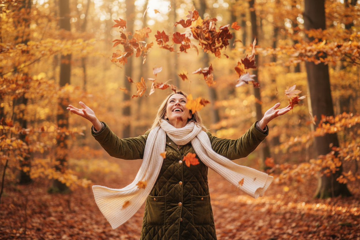 een afbeelding van een vrouw die in een herfstachtig bos blaadjes omhoog gooit. je ziet niet der hele lichaam alleen de bovenkant. ze is blij en heeft een jas aan